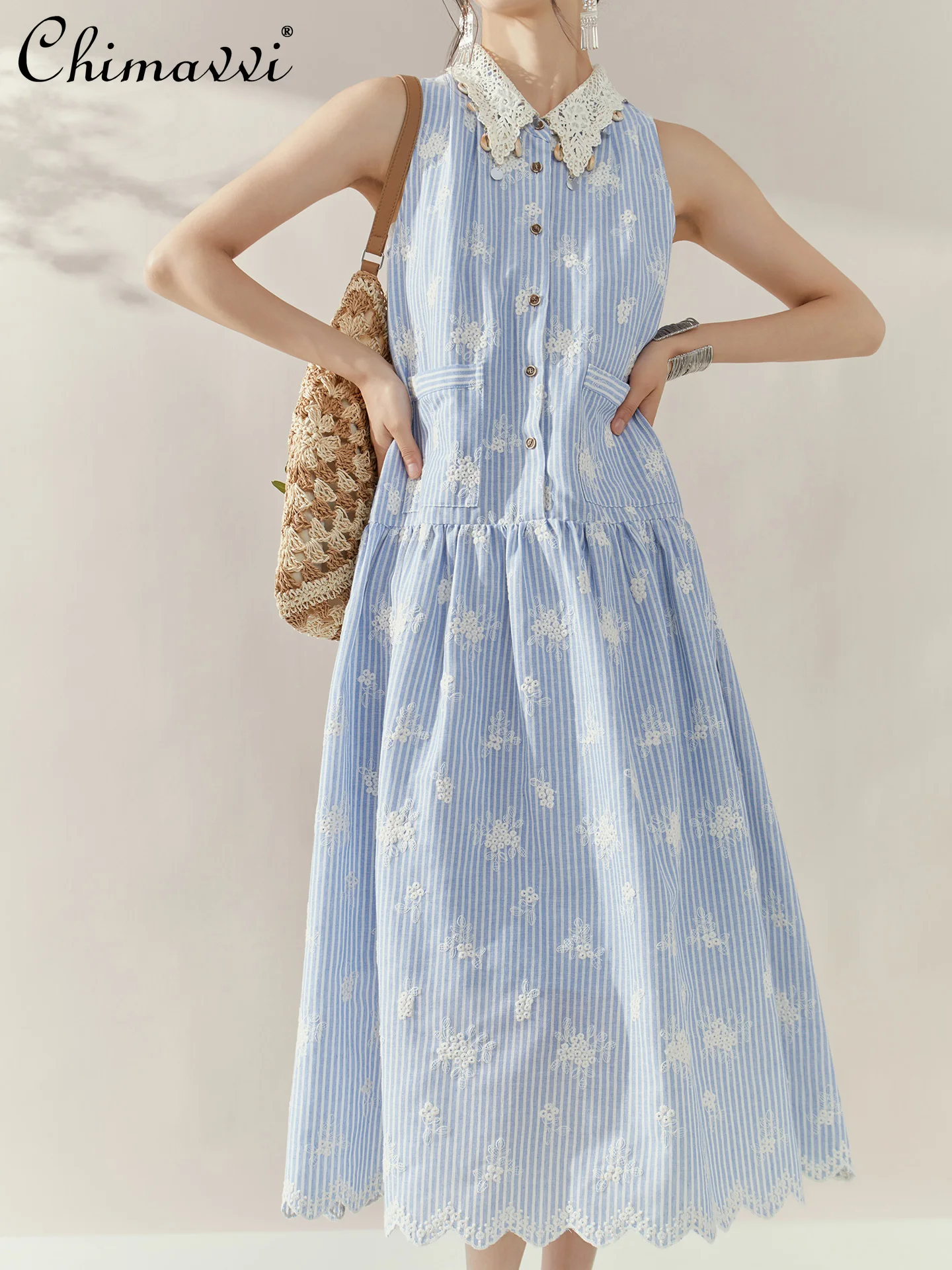 

French Elegant Holiday Casual Summer Dresses Polo Neck Sleeveless Embroidery Single-breasted Striped High Waist Long Dress Women