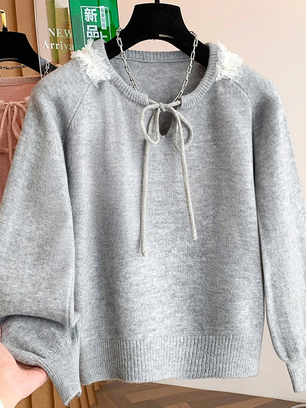 

Long Sleeve Lace Splice Knot Winter Youthful plus Size Overhead Sweater Casual Style All Seasons round Neck Regular Thickness