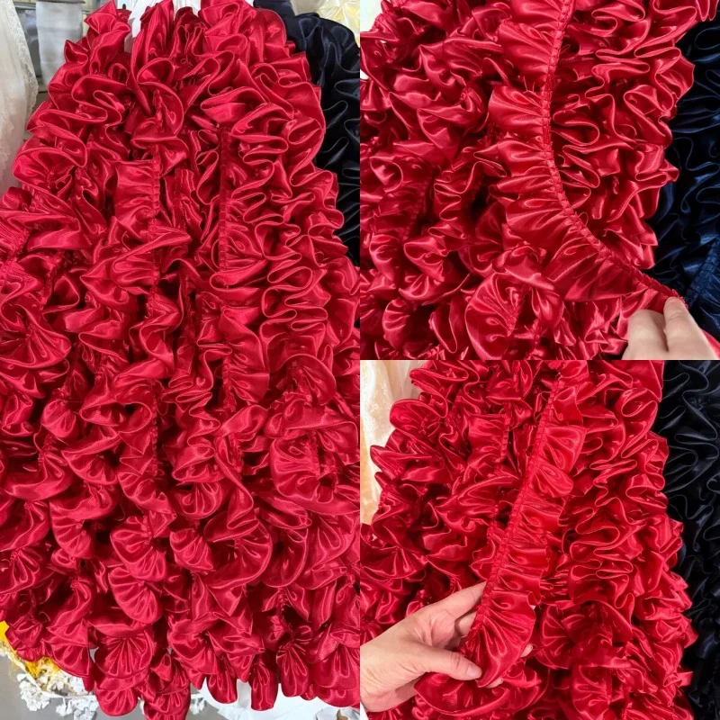 Ruffle Lace Trim Fabric Red Wide Dense Pleated Scalloped for Wedding Bridal Handmade Hair Accessories Apparel Bag DIY Sewing