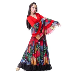 Tribal Belly Dance Performance Women Outfit 2 Pieces Set Butterfly Choli Top Gypsy Costumes 720 Degrees Long Skirt 20-25 Yards