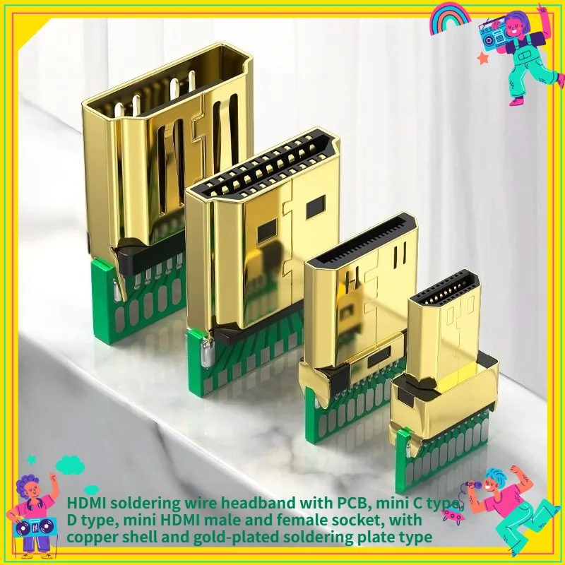 Mini HDMI Male to Female Soldering Wire Headband with PCB Copper Shell Gold-Plated Soldering Plate Type for Audio Video Connecti