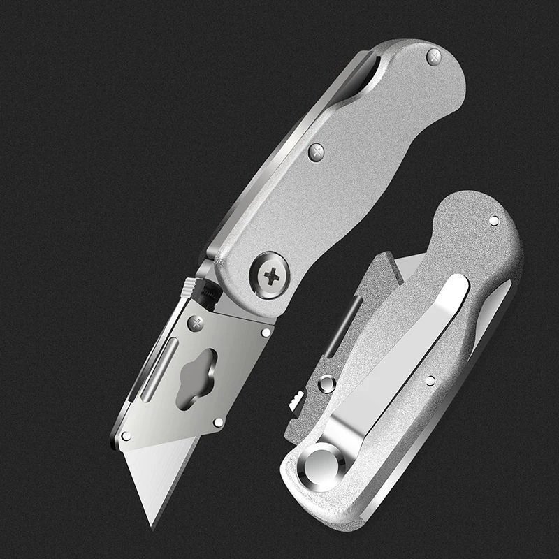 Folding Box Cutter Utility Knife, Lightweight Aluminum Body with Belt Clip, Quick Change SK5 Blades Razor Cutting Opener Tool