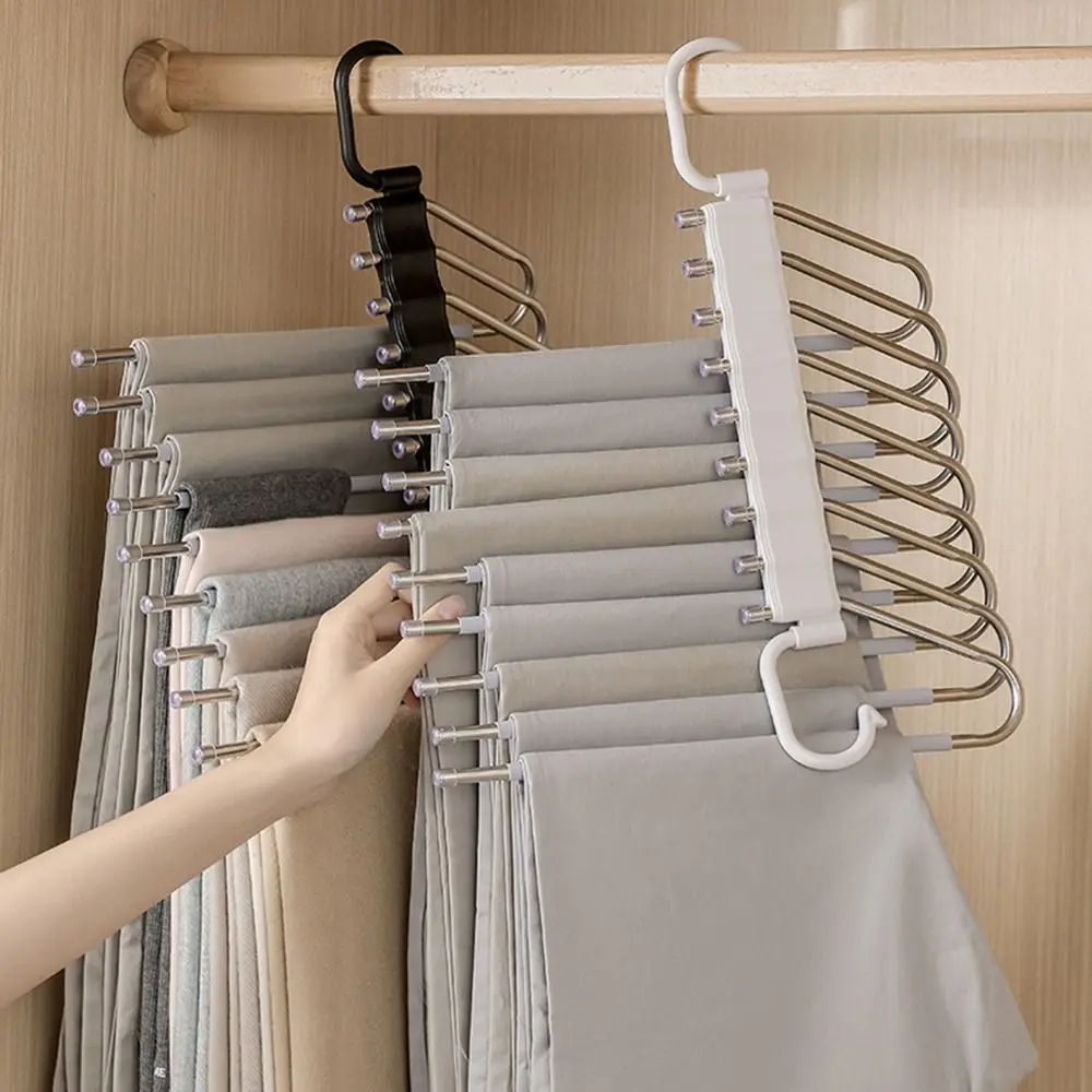 Space-saving Folding Pants Rack Stainless Steel Adjustable L-Type Closet Organizer Non-slip Large Load Bearing