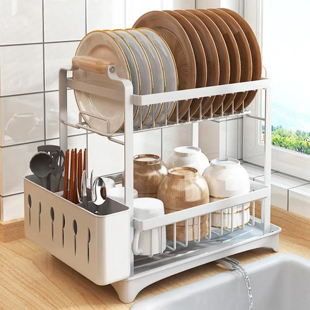 2 Tiers Dish Drainer Glasses Holder Drying Rack with Tray Kitchen Sink Counter Organizer Storage Shelf Tableware Drainboard