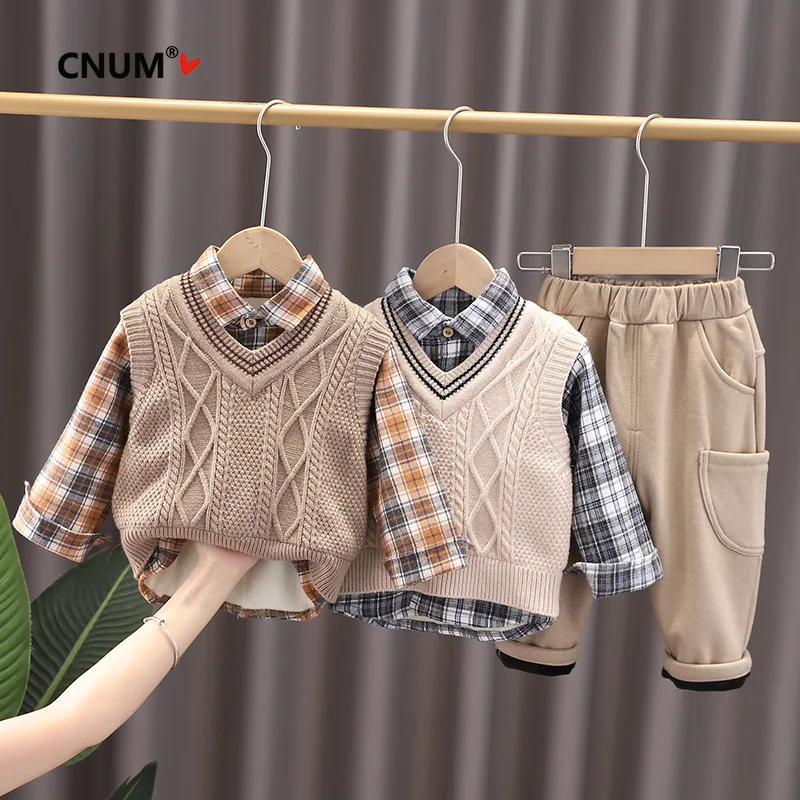 Boys' Spring New Vest Three-Piece Set Baby Boy Sweater Shirt Long Pants Korean Style Outfit Clothing Suits
