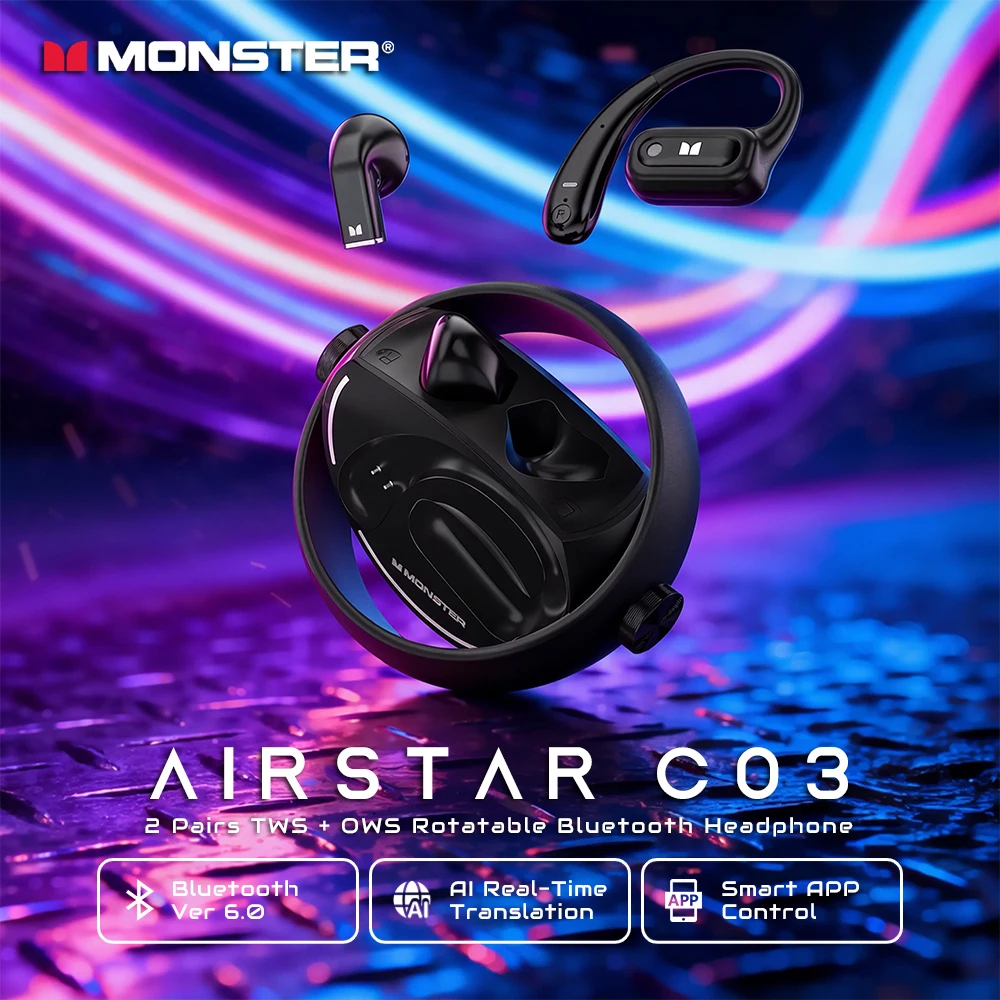 Monster 2 Pairs Wireless Bluetooth 6.0 Earphone AIRSTAR C03 OWS+TWS Wireless Earbuds AI Real Time Translation Headphone with APP