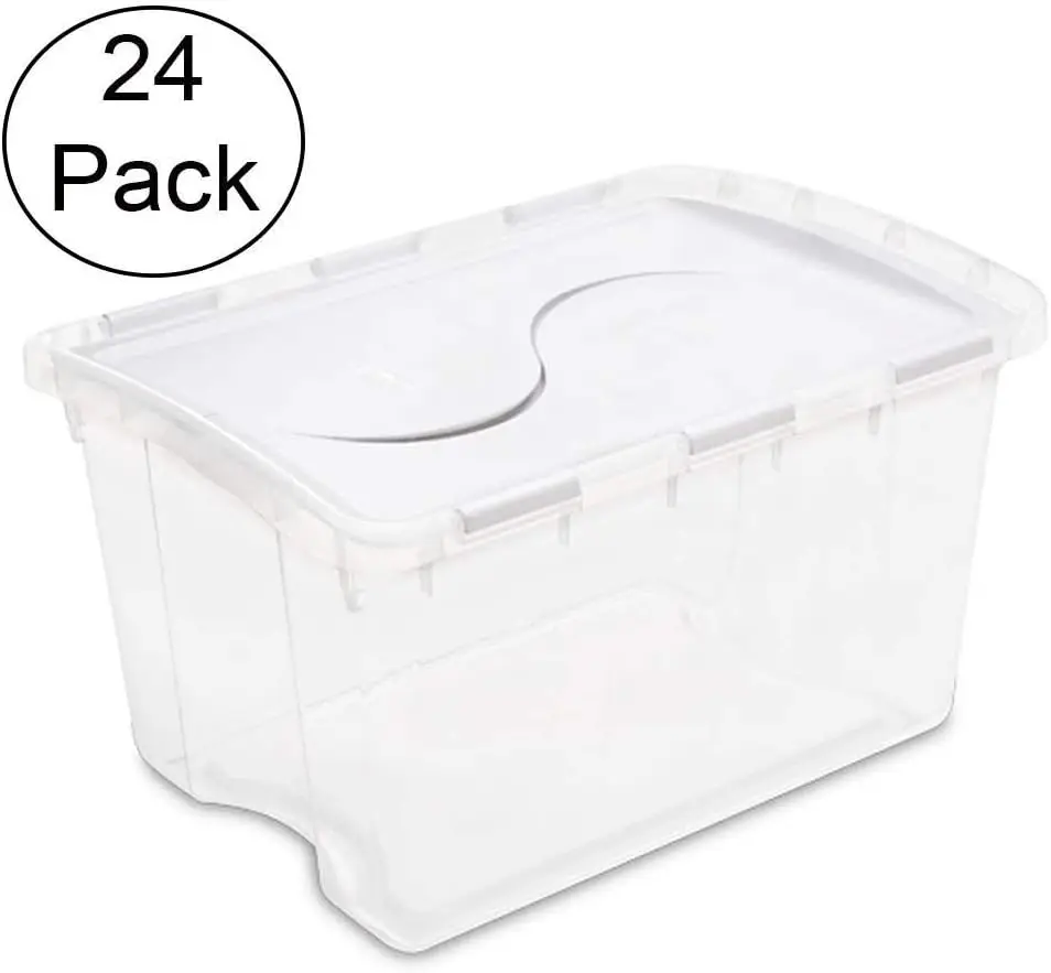 48 Qt Hinged Lid Storage Box,Stackable Bin with Lid, Plastic Container to Organize Home,Basement, Clear with White Lid,24-Pack