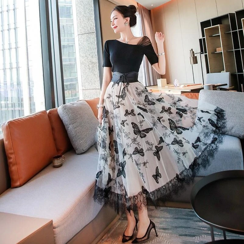 

Elegant Chic Women's Two Piece Set for Summer 2026 Knit Crop Top and Mesh Midi Skirt Outfit Stylish Casual Party Wear