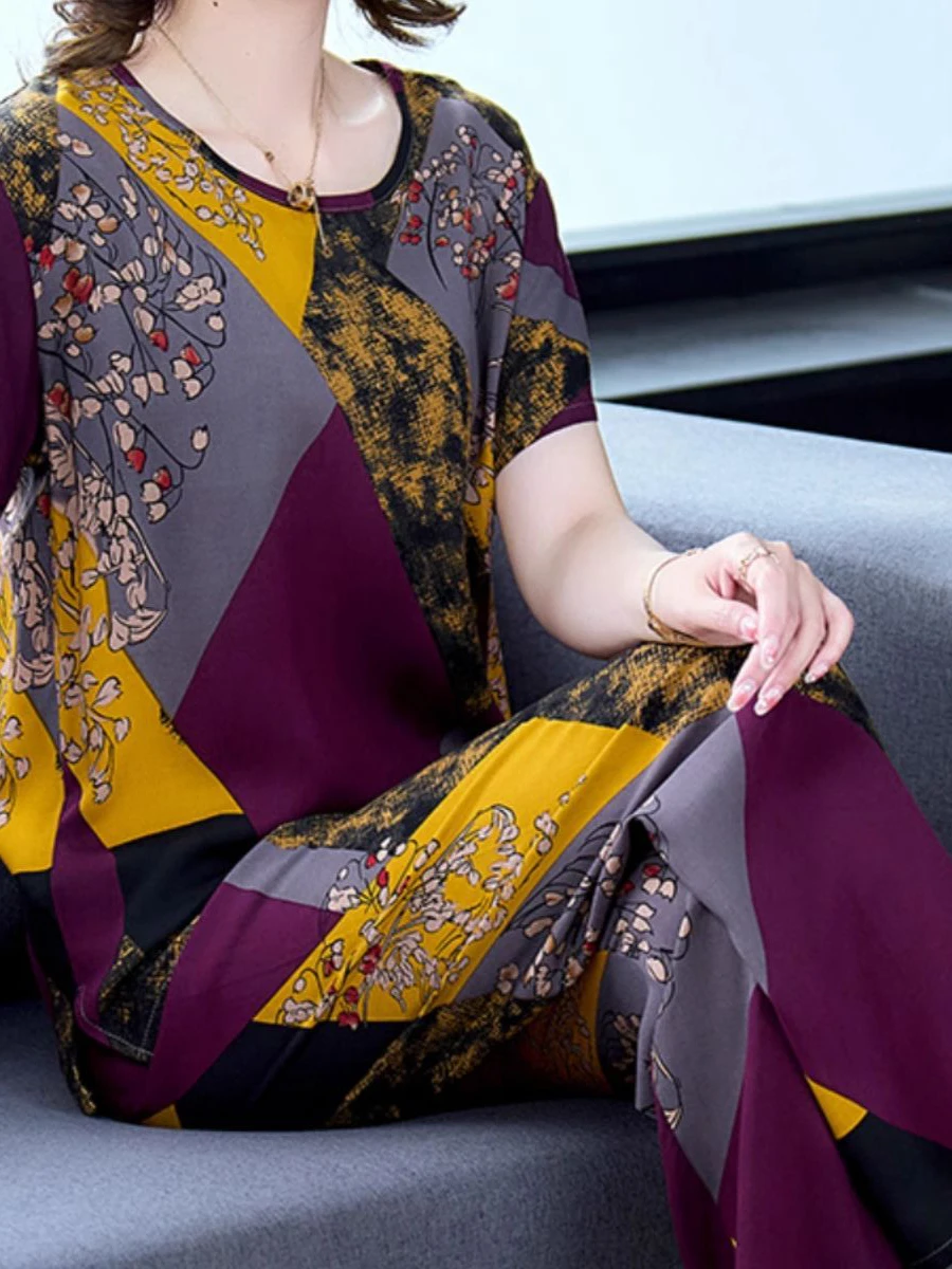 

New Women's Artificial Cotton Short Sleeve Nine-Piece Pants Sleepwear Two-Piece Set Elegant Home Clothes Shorts Summer Fashion