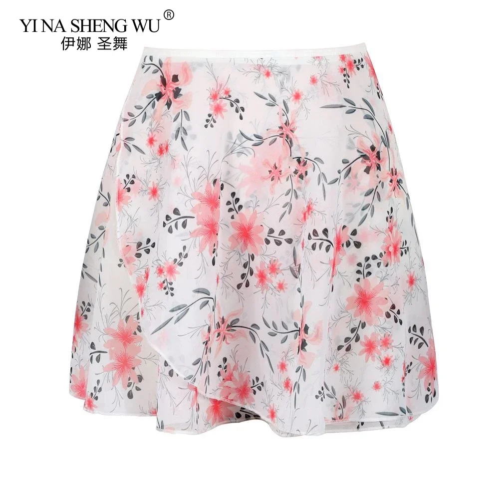 المرأة الباليه الرقص تنورة قصيرة عالية الجودة الشيفون لينة زهرة ممارسة تنورة صغيرة الكبار الأزهار طباعة فستان رقص الباليه