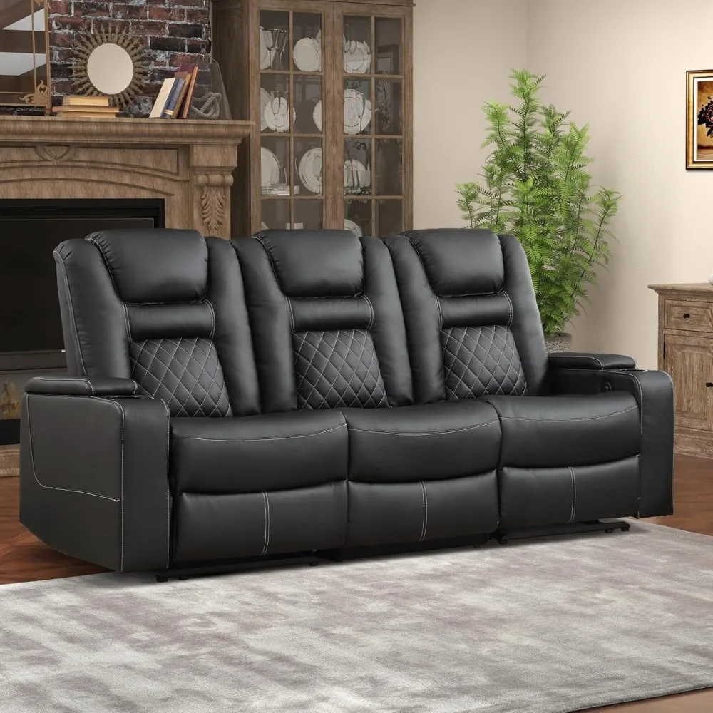 Home Theater Seats, Faux Leather Movie 3 Seat Recliner Sofa with Hidden Arm Storage, Power Gaming Reclining Sofa with USB Charge