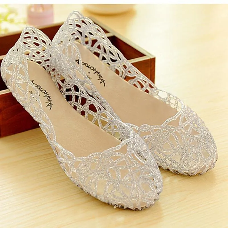 Women Jelly Sandals Ladies Hollow Out Mesh Crystal Bling Flats Shoes Female Fashion Casual Breathable Woman Comfort Shoes Hot