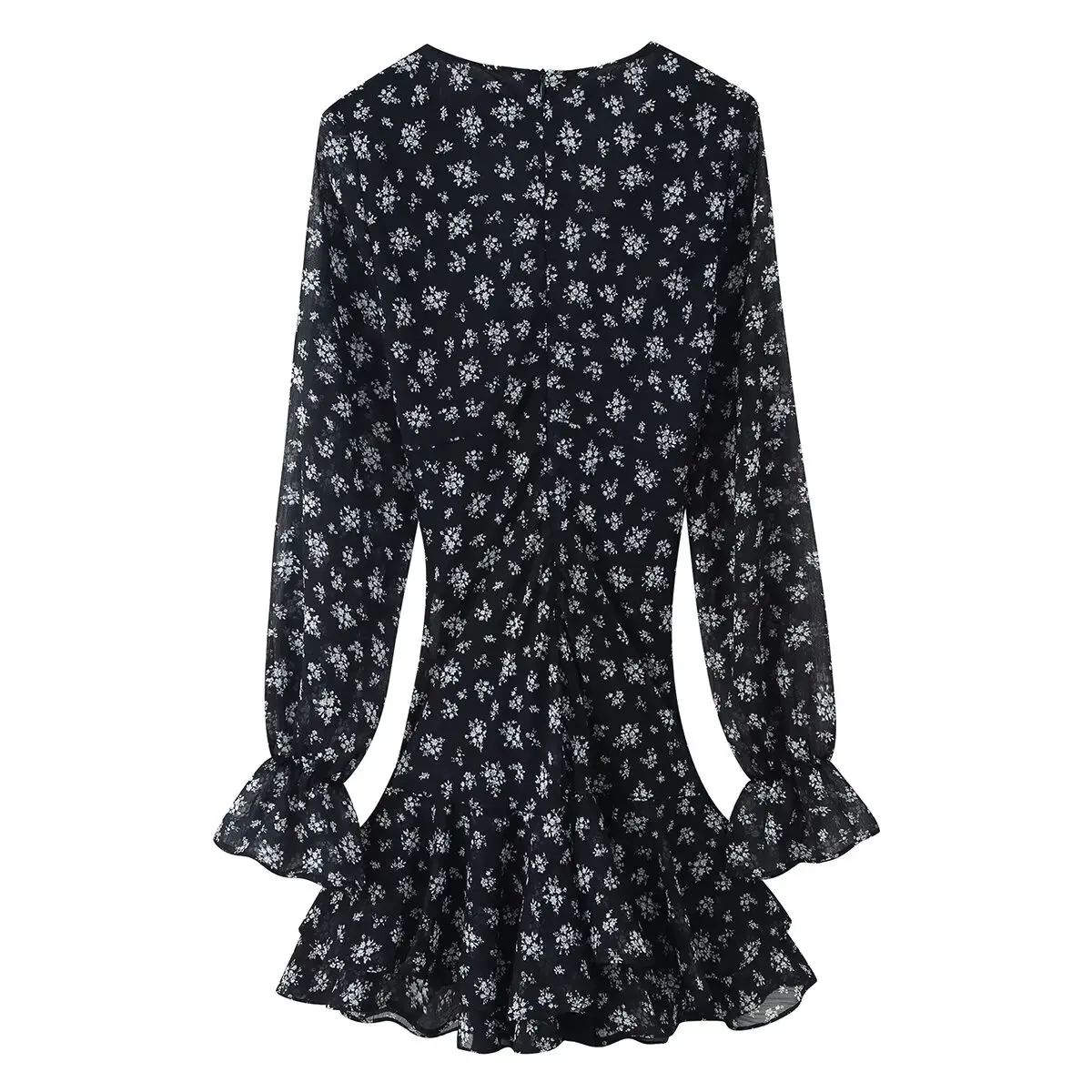 Vestido F NINE ZAR com Decote em V, Estampado, Camadas Decorativas, Manga Longa, Saia em A, Ajuste Slim, Estilo Casual...