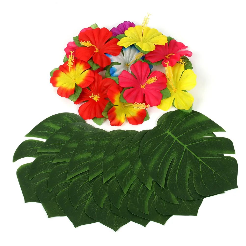 

1Set Hawaiian Party Table Skirt Straw Set Skirt 30 Umbrella Toppers 24 Monstera Leaves 24 Hibiscus Flowers Luau