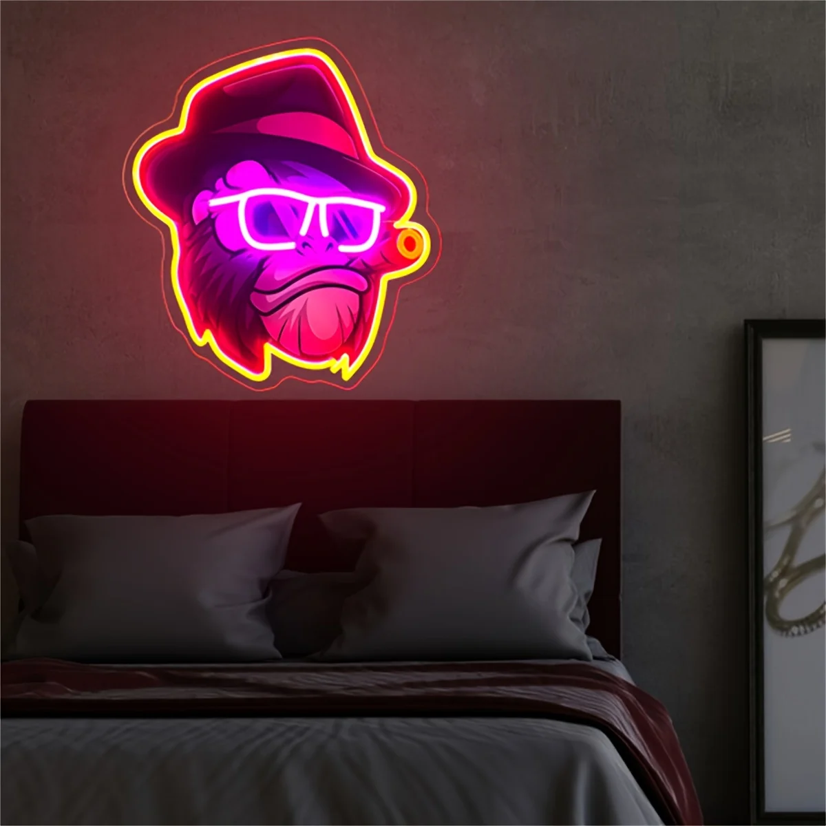 Funky Monkey with Hat Glasses Cigar Neon Sign Purple and Yellow LED Wall Art for Bar Gaming Room Man Cave Artistic Lighting Gift