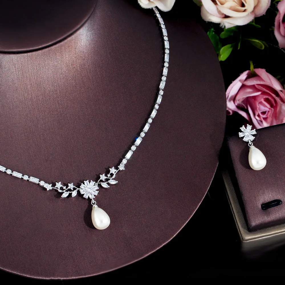 CC Trendy Jewelry Set Wedding Events Women Accessories Bridal Bijoux Engagement Necklace Stud Earrings 2 PCS Sets Party T0290