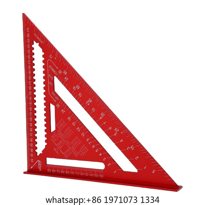 Rafter Square Aluminum 12 Inch Woodworking Layout Tool Metal Triangle Angle Protractor for Woodworking and Carpentry Red