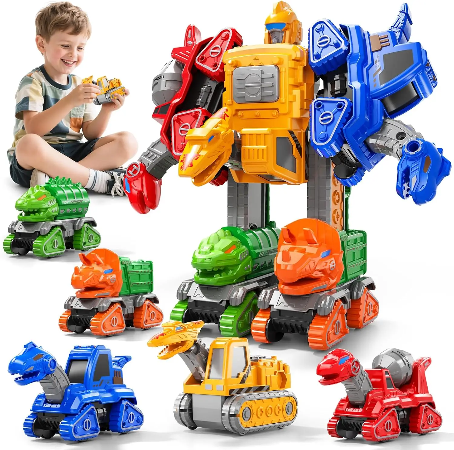 6-in-1 Transforming Dinosaur Construction Trucks Robot Toy for Kids Ages 3-8 STEM Learning Gift