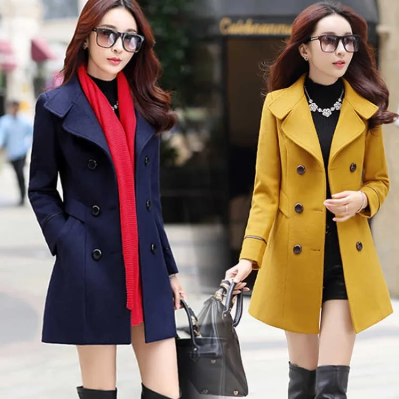 

Autumn Winter Plus Size Jacket Womens Double Breasted Solid Color Coat Korean Slim Female Woolen Jacket Womens