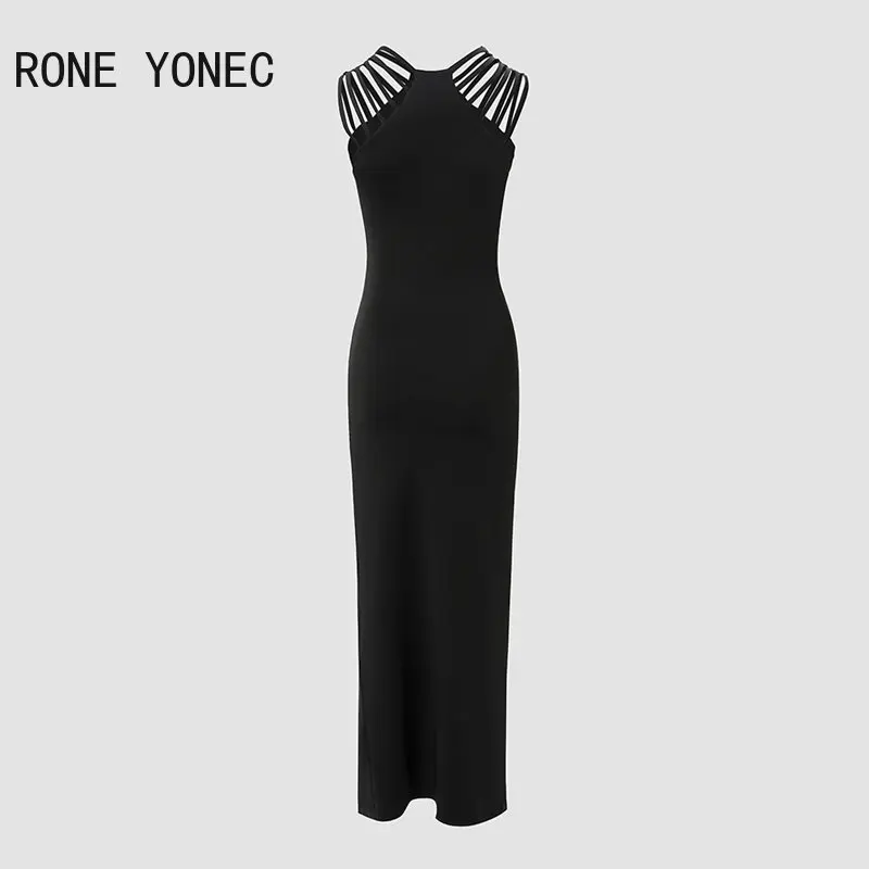 Vestido negro elegante para mujer, elegante, liso, diamantes de imitación, Sexy, ceñido al cuerpo, Maxi
