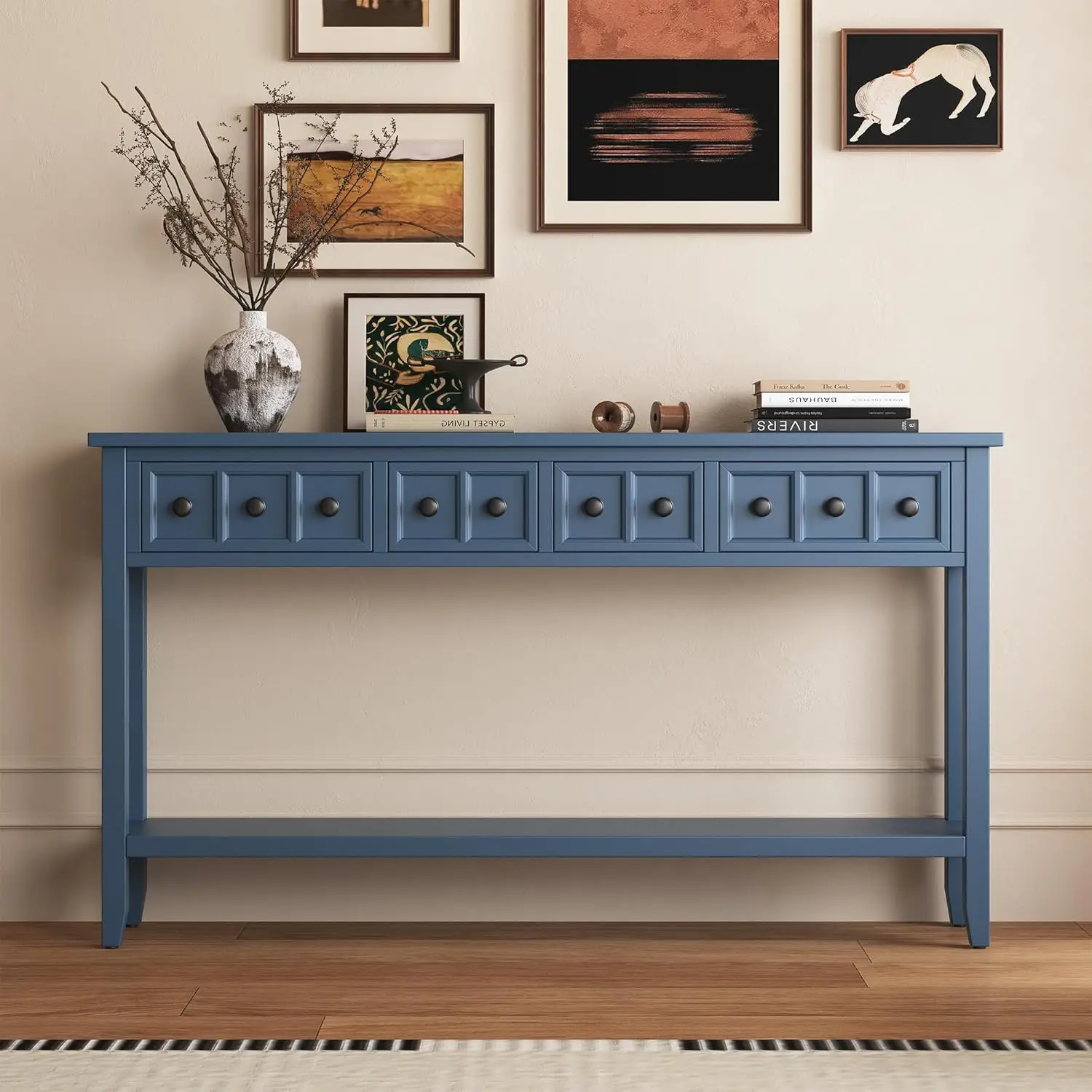 Rustic Entryway Console Table, 60"" Long Sofa Table With Two Different Size Drawers And Bottom Shelf For Storage (Antique Navy)