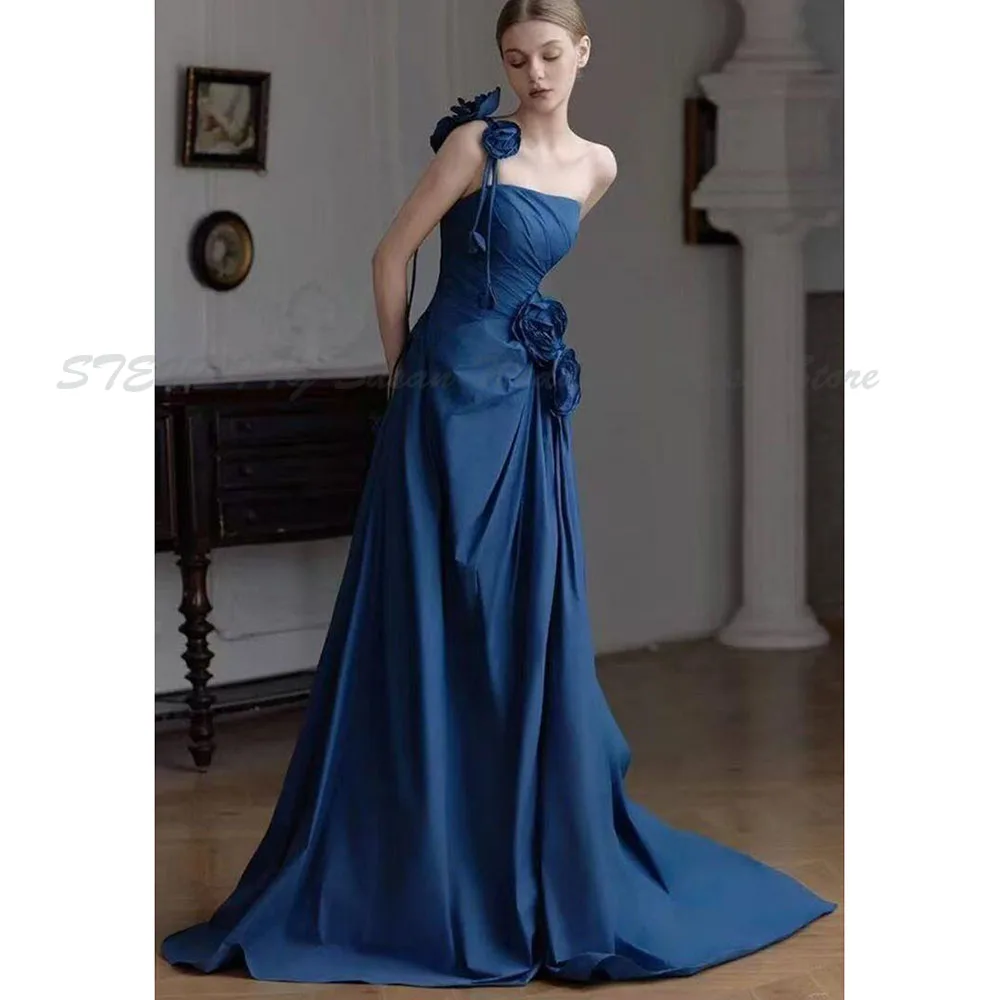 

Navy Prom Party Dress Women Flowers One Shoulder Sweep Train High Quality Floor Length Special Occasion Sleeveless Banquet Gowns