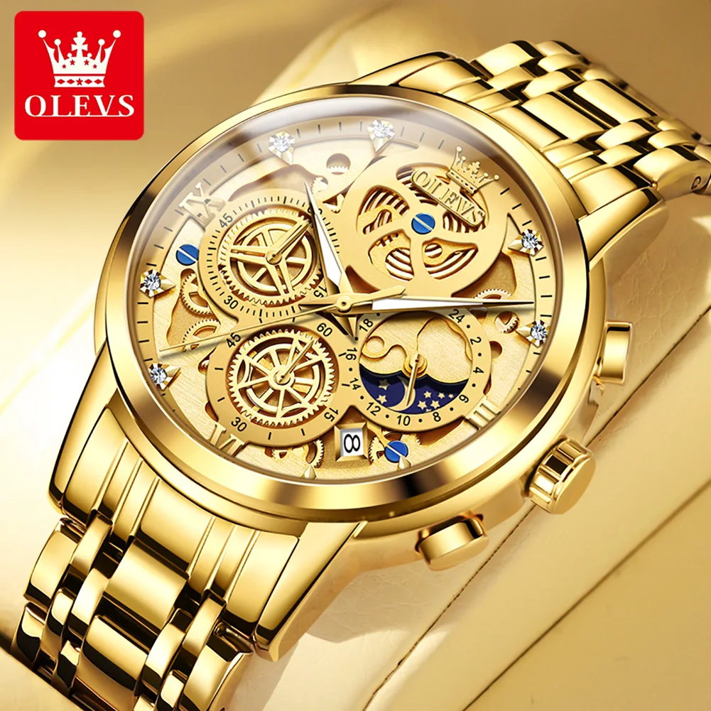 OLEVS 2024  Men\'s Watches Top Brand Luxury Original Waterproof Quartz Watch for Man Gold Skeleton Style 24 Hour Day Night New