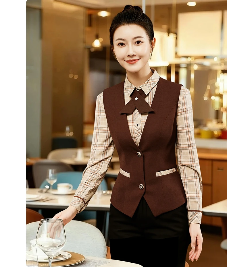 호텔 레스토랑 커피 바텐더 바 웨이터 유니폼 세트 앞치마 포함 긴 소매 음식 서비스 유니폼 바 작업복 셔츠