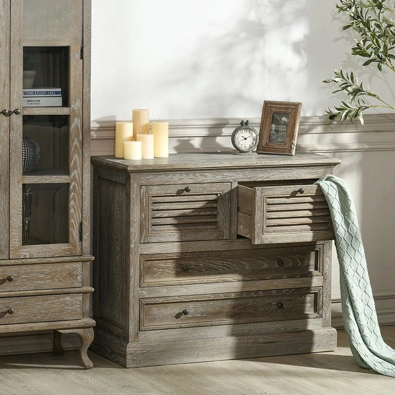 American rural white oak solid wood dining side cabinet small apartment living room wall side cabinet French retro display cabin