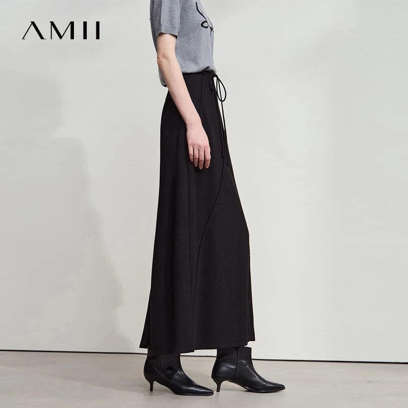 AMII 2026 Women‘s Autumn Casual Skirts Solid Strap Style Drawstring Minimalism Long A-LINE Skirts Female Clothing 12523084