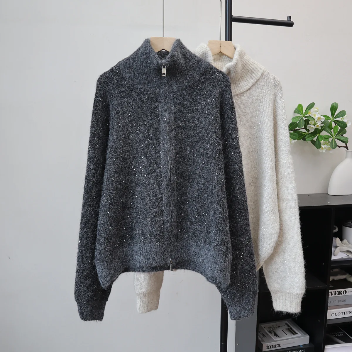 

Women Knitted Cardigan Sweaters Mid Length Jumpers Sequins Zipper Stand Collar Long Sleeves Loose Fit Casual 2025 Autumn Winter