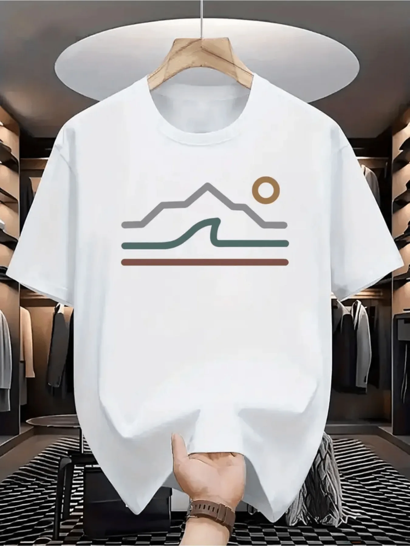 Minimal Mountain Sun T Shirt Men Women Simple Line Art Nature Landscape Print Short Sleeve Cotton Casual Tops