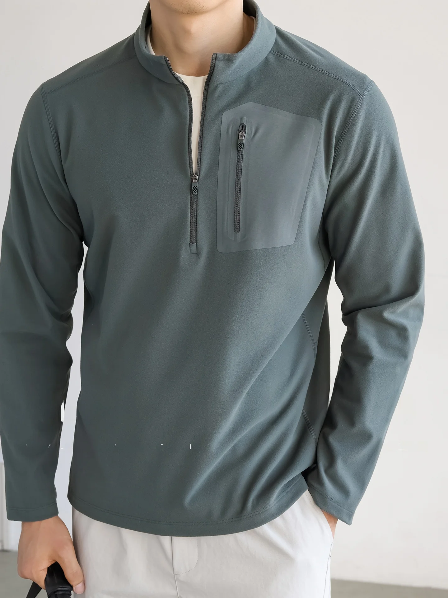 Heated Thermal Long Sleeve T-Shirt Men's Outdoor Running Cycling Training Wear Fleece Double-sided Half Zipper Warm Sweatshirt view 5
