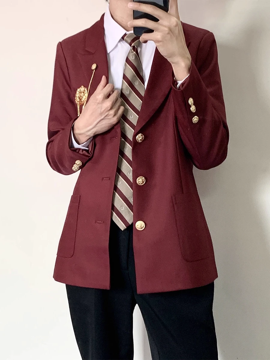 

Japanese Style Suit Uniform Jacket Unisex Chain Badge Versatile Wine Red College Class Uniform Suit Set Youthful Vitality Style