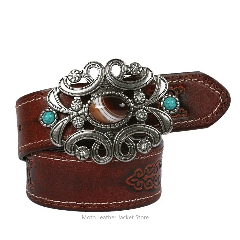 Mongolian Ethnic Style First Layer Cowhide Belt, Simulated Agate Stone Smooth Buckle, Unisex Embossed Leather Waistband