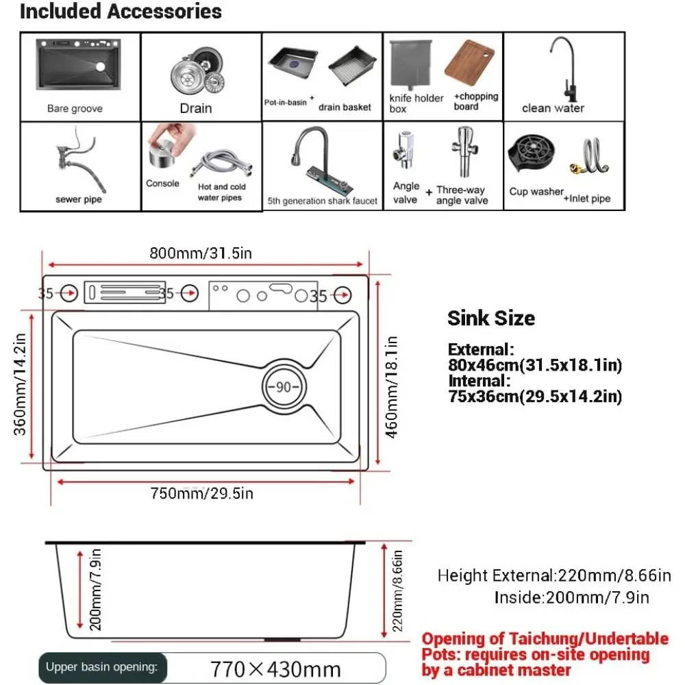 31.5 X 18.1 Inch Kitchen Sink With Multiple Accessories, Digital Display Sinks, With Pull Down Sprayhead Faucet