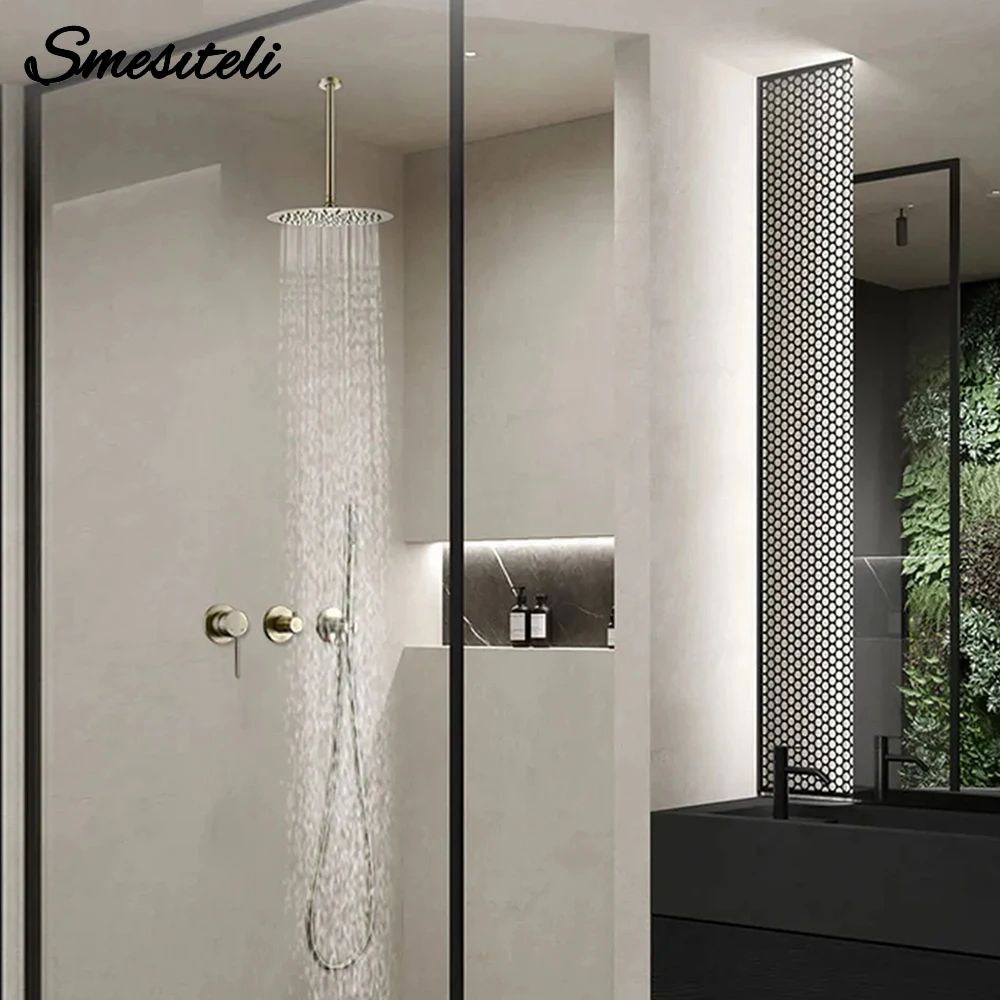 

Brushed Gold Shower Faucet 8-16 Inch Rain Shower Recessed Box Ceiling Arm Hot &Cold Shower Tap Wall Mount Brass Support Bracket