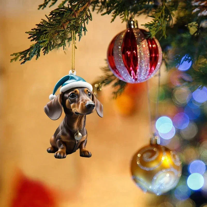 Cute Dog Christmas Tree Pendants 2D Acrylic Christmas Ornaments Hanging Decorations for Car Door Window Xmas Gifts New Year 2024