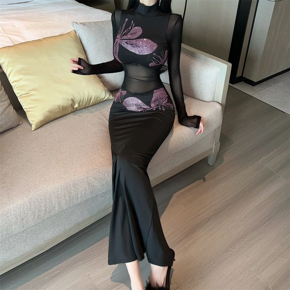 Women's Black Mesh Dress-High Neck Long Sleeve Flower Decor Bodycon Mermaid Maxi with Back Slit Sexy Elegant Dress Spring Autumn