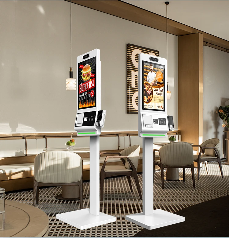 VETO 18.5 21.5 24 27 32 بوصة كشك الدفع الذاتي المثبت على الأرض/الحائط مع ماسح رمز الاستجابة السريعة 80 مم طابعة حرارية