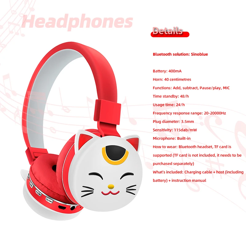 Headset Bluetooth Headset with Microphone Cute Cat Boy Girl Music Wireless Earpiec Support TF Card Children\'s Cartoon Headphones