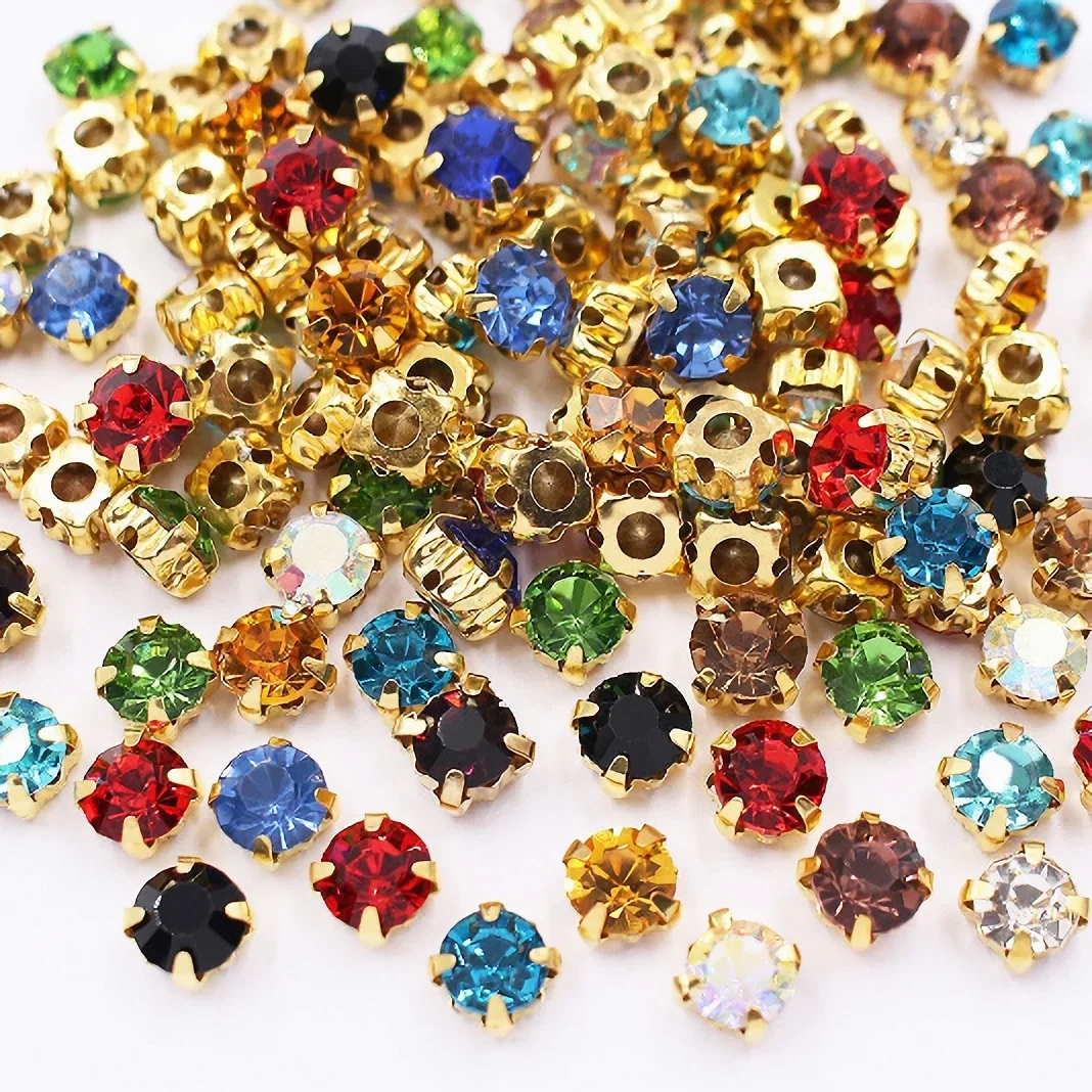 288 Top-Qualität, 3 mm Goldkralle, zum Aufnähen von Strasssteinen, klare Kristallfarbe, Goldbasis, Nähstein, DIY-Dekoration