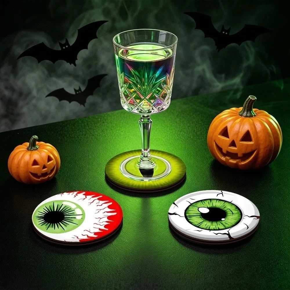 6pcs Funny Non-slip Halloween Coasters Heat-Insulating Soft Bloodshot Eyeball Coaster Wooden Cat Eyes Cup Mat Restaurant