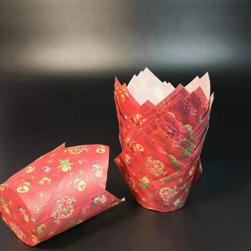50 шт., рождественские бумажные стаканчики для кексов-тюльпанов, маслостойкая подкладка для кексов, коробка для выпечки маффинов, чашка для украшения торта, чехлы для инструментов