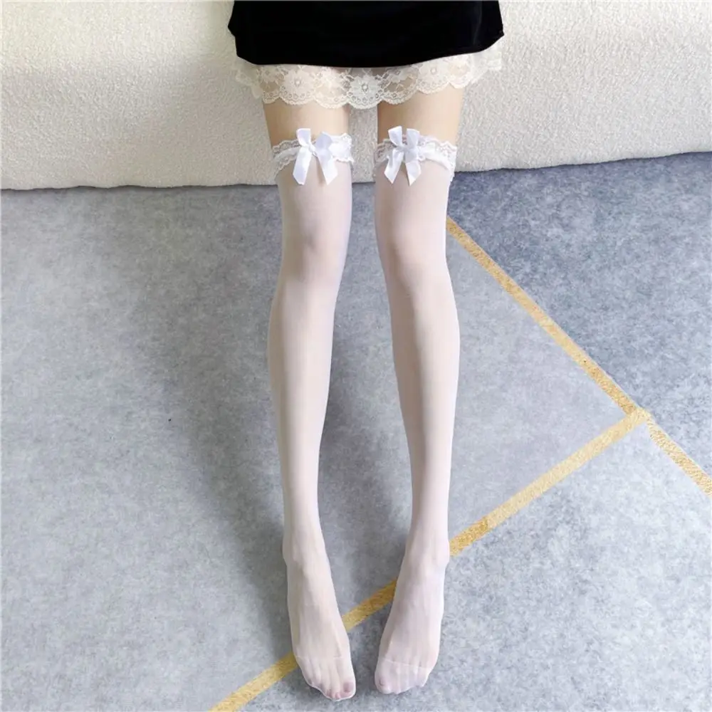 

Sexy Women Lace Bow Stockings Nylon Comfortable Sexy Long Socks Solid Color Anti-fric Knee Thigh High Socks Women