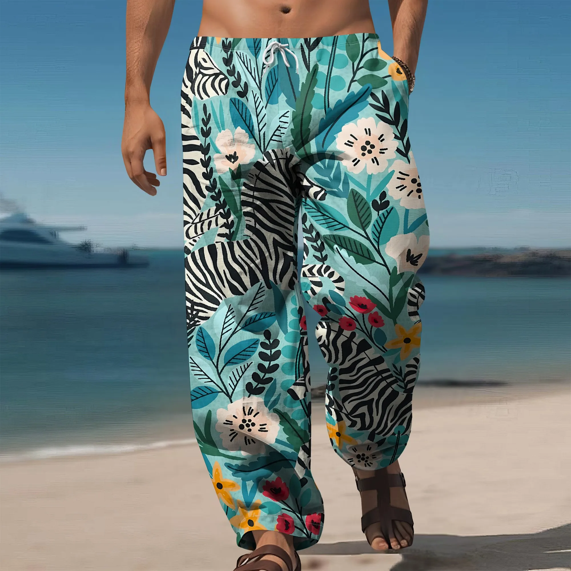 

YEAE Colorful Tribal Geometric Patchwork Pants for Men Summer Casual Loose Drawstring Trousers