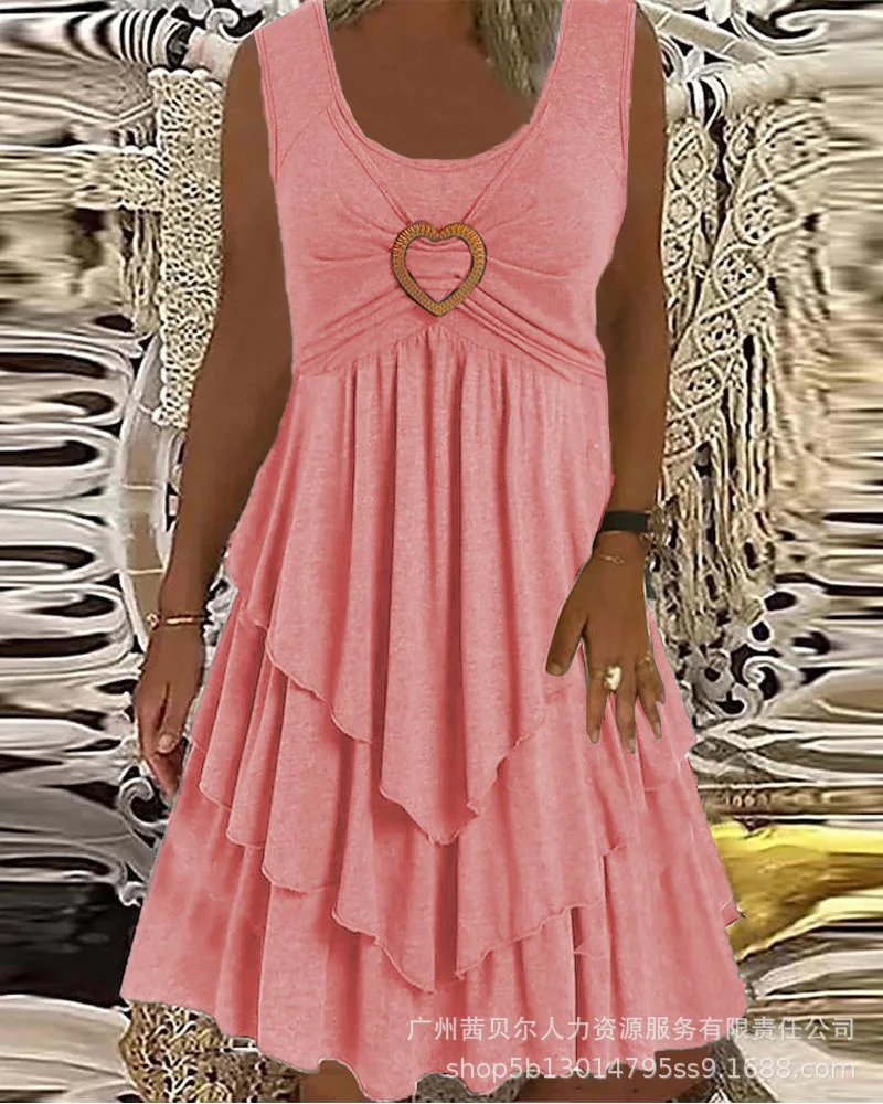 Vestido feminino sem mangas em camadas, mini vestido de cintura alta, babados sexy, decoração anel de coração, monocromático