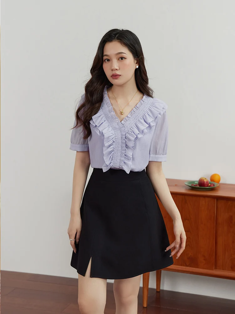 DUSHU Simple High Waist Slit Skirt Temperament Black Twill Office Lady Summer A-LINE Skirts Back Elastic Waist Female Skirts