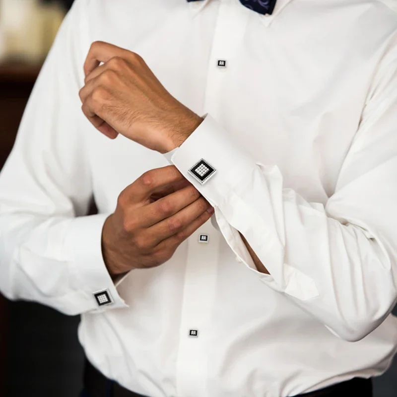 HAWSON Square Cufflink and Studs Set for Men,Elegant Jewelry Cuff Button Inlaied Pearl with HAWSON LOGO
