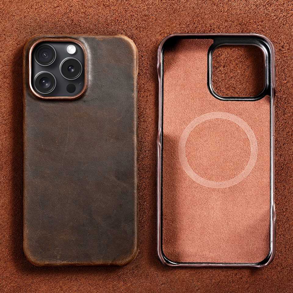  for Magsafe Case for iPhone 15 16 Pro Max 16Pro Retro Luxury Full Grain Cowhide Genuine Oiled PULL-UP Leather Magnetic Cover 